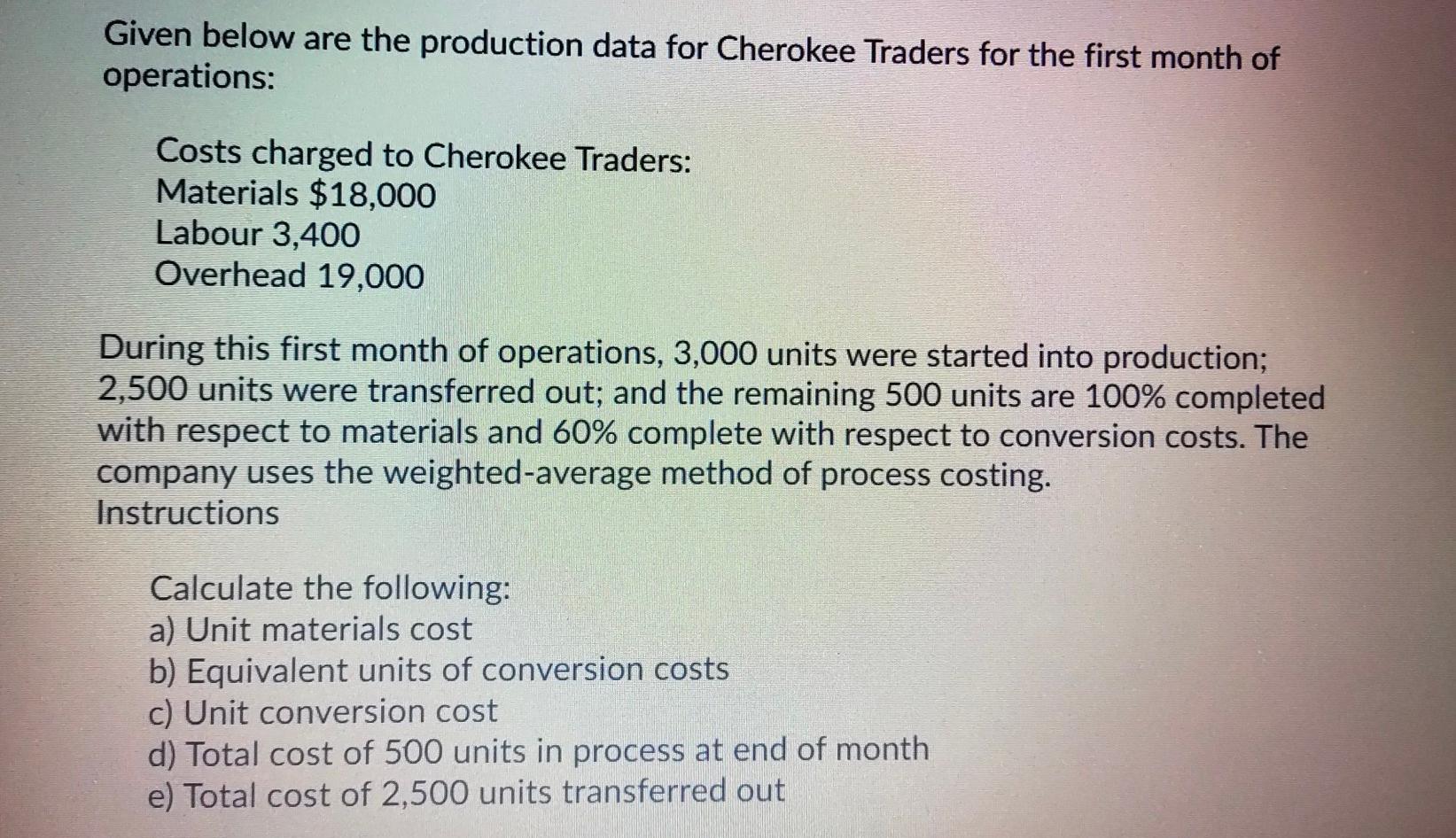  Given below are the production data for Cherokee Traders for the