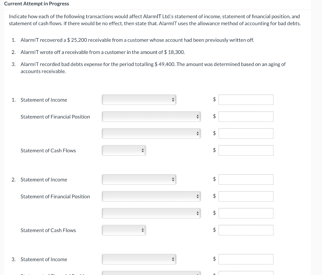 Current Attempt in Progress Indicate how each of the following transactions