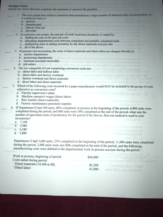  Multiple Choice Ide the choice the best completes the statement or