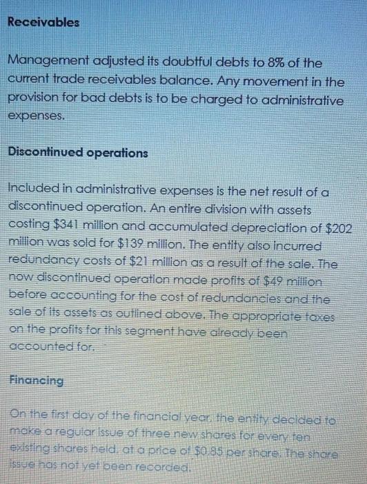 receivables Provision for bad debts Ordinary share capital @ $0.50 each 5%