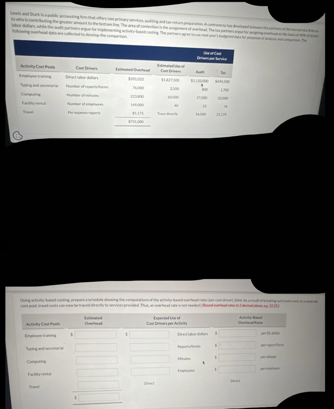  Using activity-based costing, prepare a schedule showing the computations of the