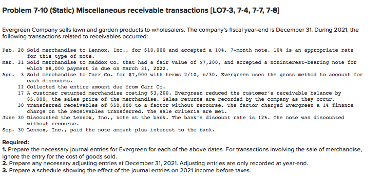 Looking for a solution to the following: Problem 7-10 (Static) Miscellaneous receivable