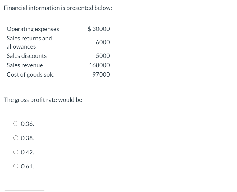  Financial information is presented below: $ 30000 6000 Operating expenses Sales