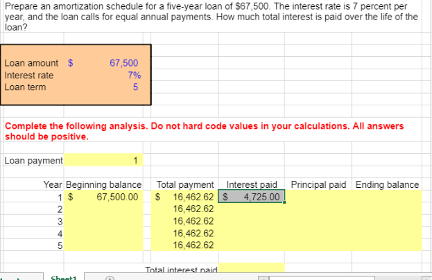PLEASE SHOW EXCEL FUNCTIONS FOR EVERY VALUE!!! EG: D7-D8 Prepare an amortization