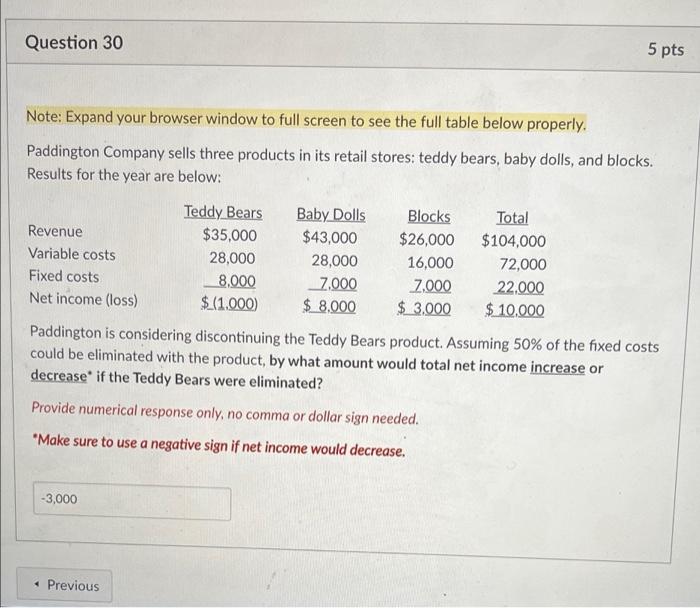  Question 30 5 pts Note: Expand your browser window to full