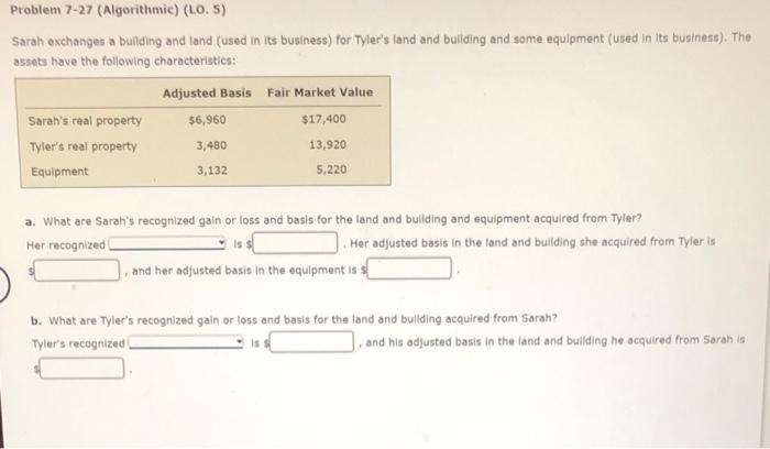  Problem 7-27 (Algorithmic) (LOS) Sarah exchanges a building and land (used