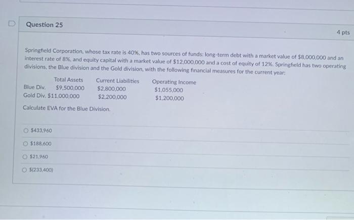  D Question 25 4 pts Springfeld Corporation, whose tax rate is