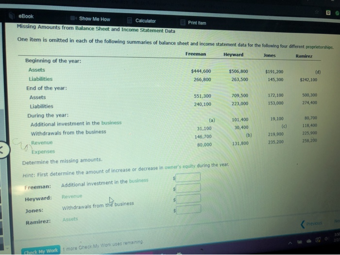  eBook Show Me How Calculator Missing Amounts from Balance Sheet and
