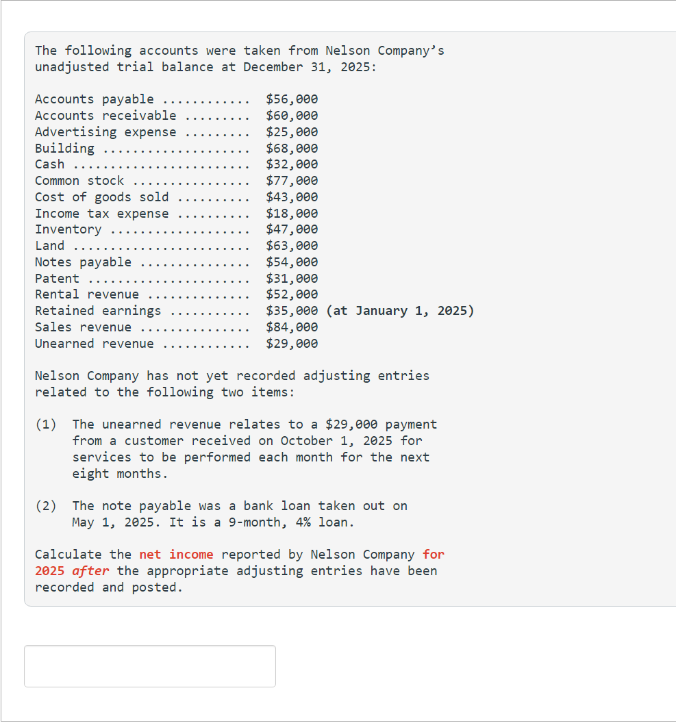 The following accounts were taken from Nelson Company's unadjusted trial balance at
