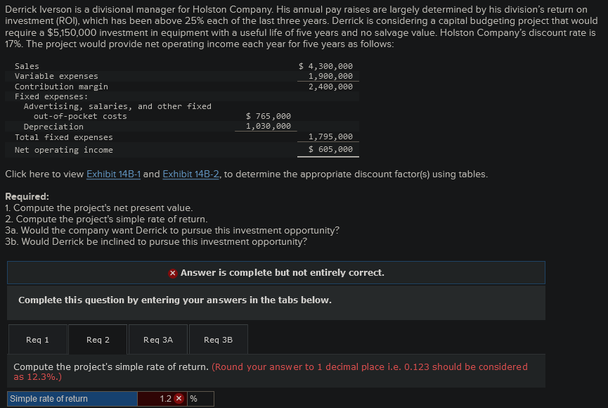 Need Help With Finding the Simple Rate of Return: Derrick Iverson is