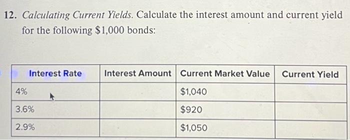 12. Calculating Current Yields. Calculate the interest amount and current yield for