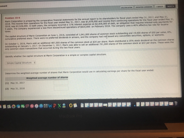  nment CALCULATOR | | PRINTER VERSION I BACX Problem 16-6 Corporation