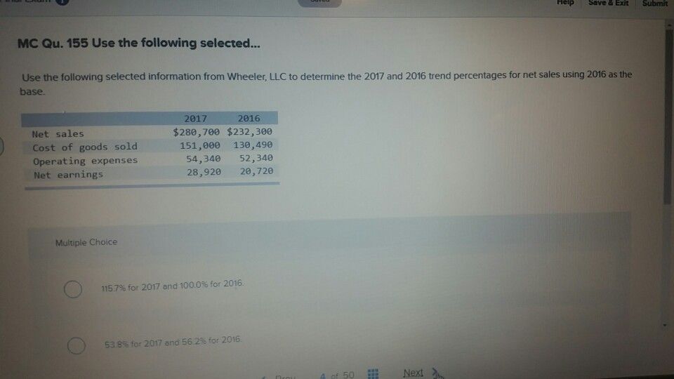 Save & Exit Submit MC Qu. 155 Use the following selected...