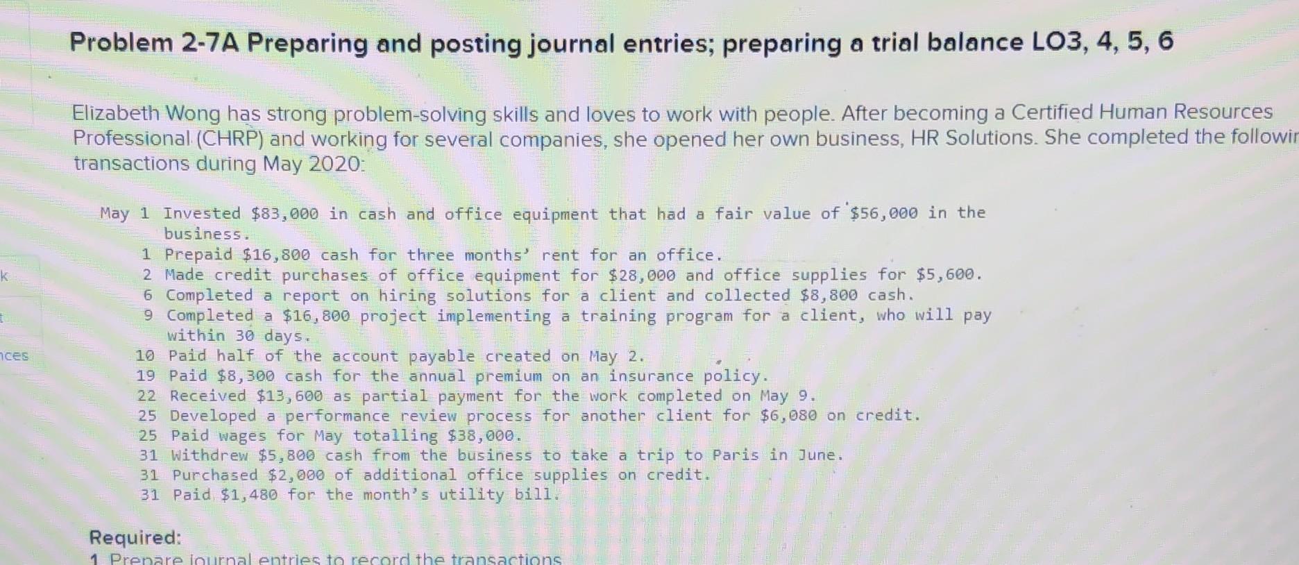 t accounts and trail balance for this Problem 2-7A Preparing and