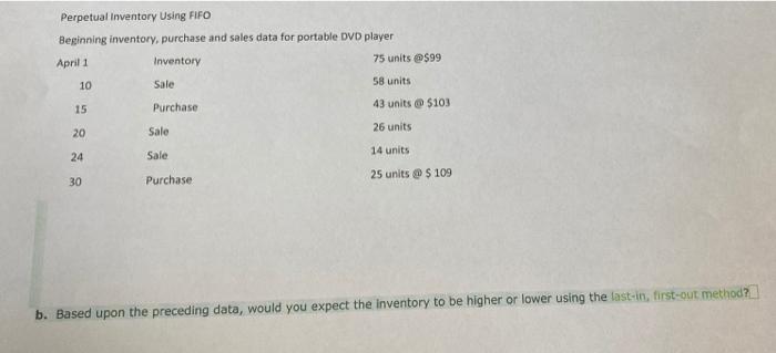  Perpetual Inventory Using FIFO Beginning inventory, purchase and sales data for