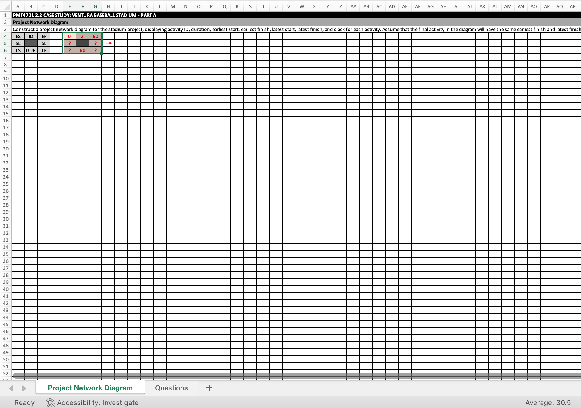 provided to construct a project network diagram for the stadium project, displaying