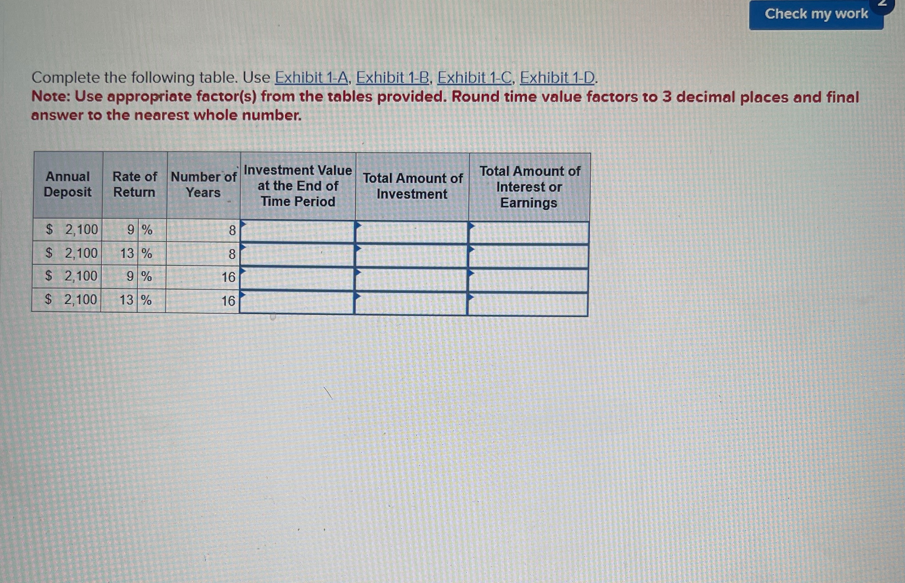  Complete the following table. Use Exhibit 1-A, Exhibit 1-B, Exhibit 1-C,
