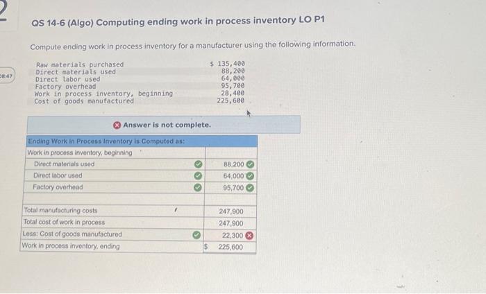  QS 14-6 (Algo) Computing ending work in process inventory LO P1