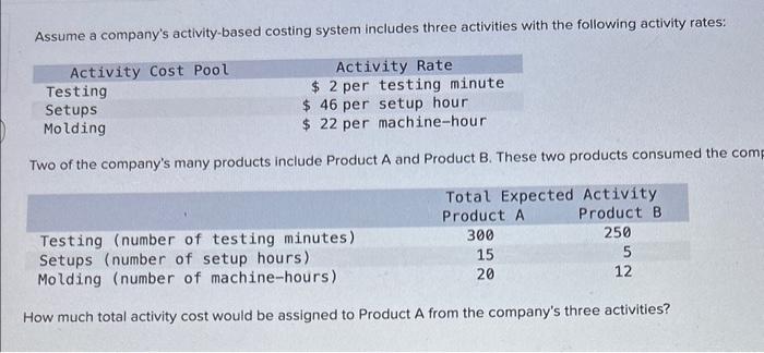 Assume a company's activity-based costing system includes three activities with the