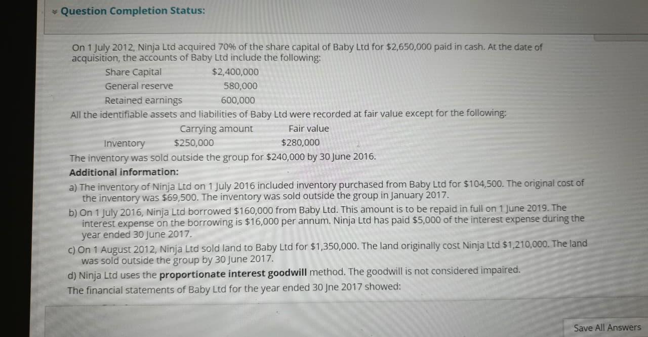  Question Completion Status: On 1 July 2012, Ninja Ltd acquired 70%