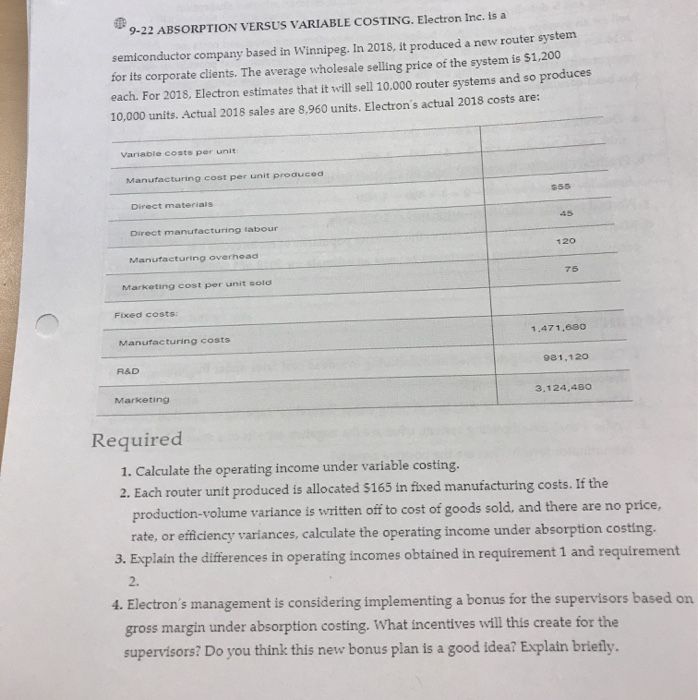  9-22 ABSORPTION VERSUS VARIABLE COSTING. Electron Inc. is a semiconductor company
