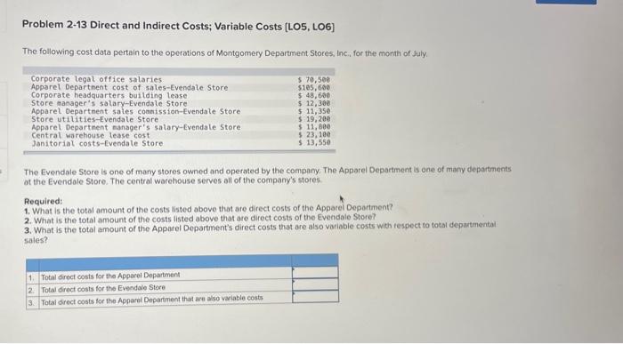  Problem 2-13 Direct and Indirect Costs; Variable Costs [LOS, LO6] The