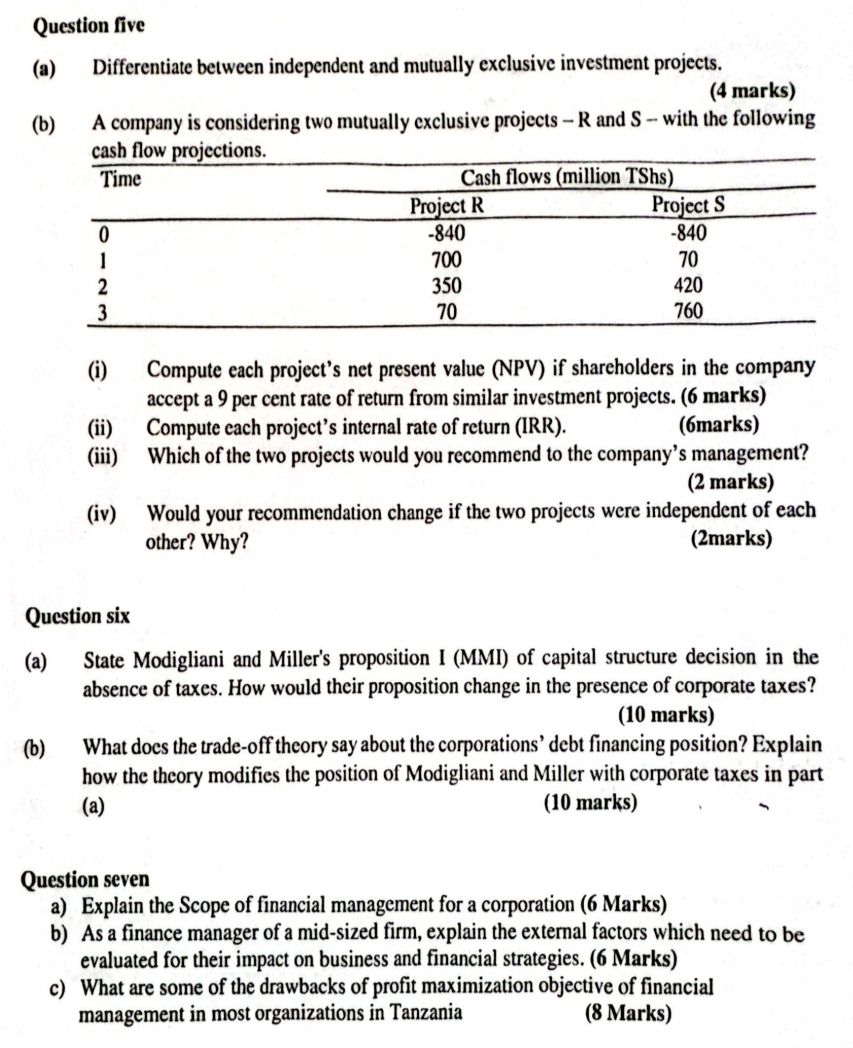  Question five (a) Differentiate between independent and mutually exclusive investment projects.