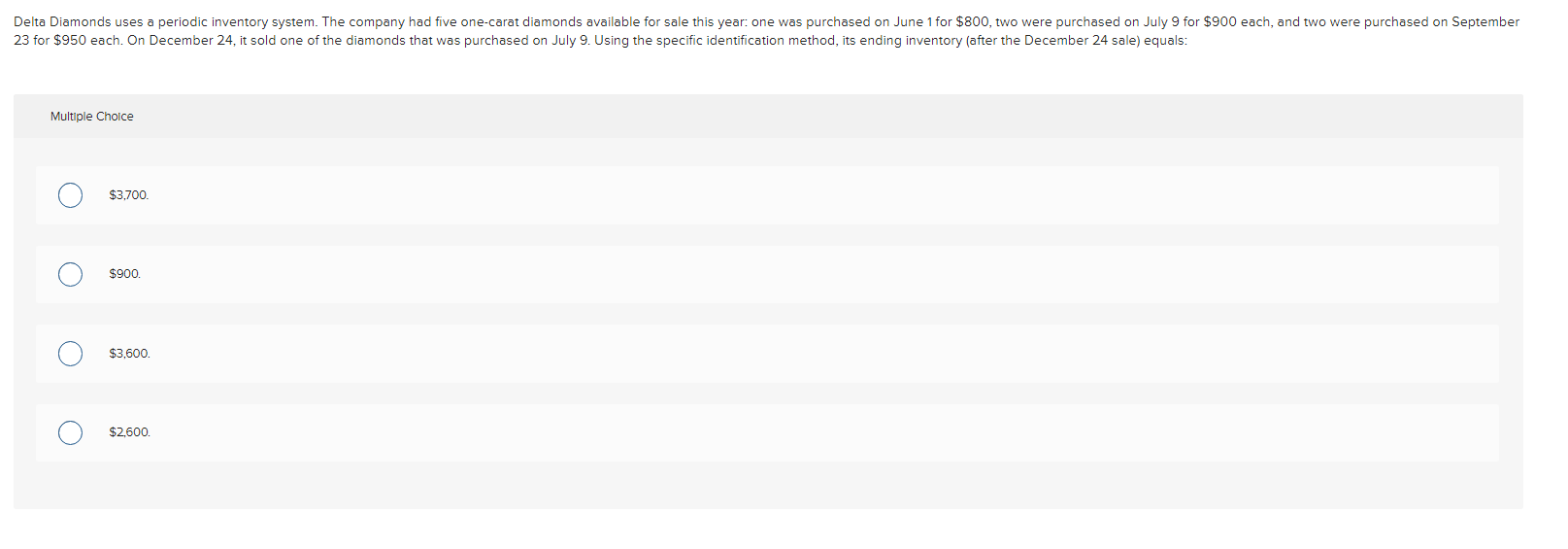 Delta Diamonds uses a periodic inventory system. The company had five diamonds