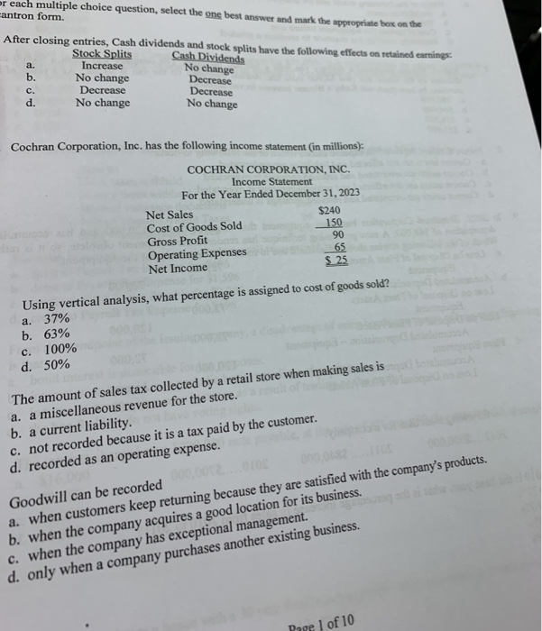  or each multiple choice question, select the one best answer and