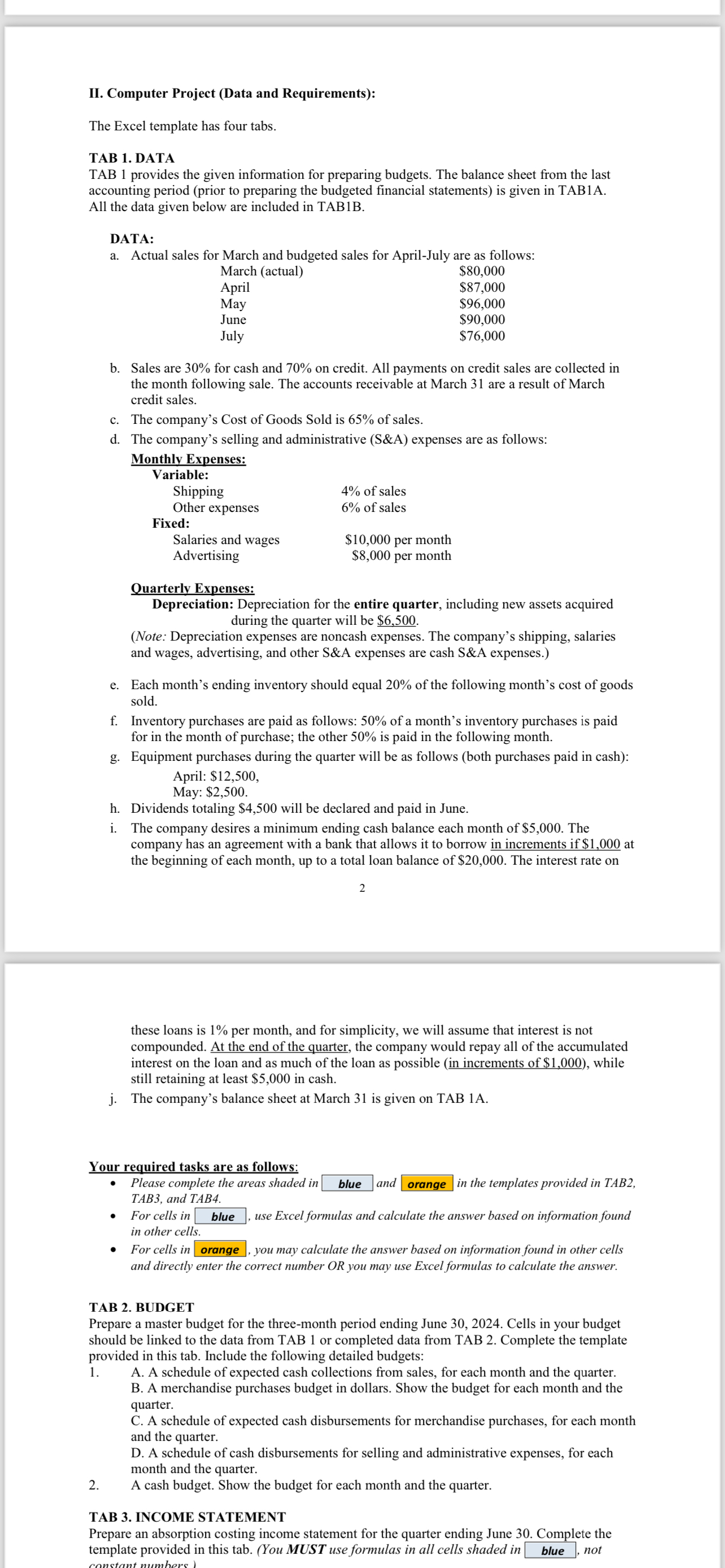 1 2 of 3 II. Computer Project (Data and Requirements): The