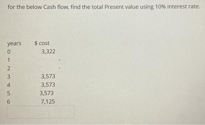  for the below Cash flow, find the total Present value using