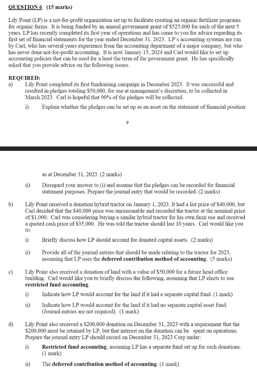  OUESTION 6(15 marks) Lily Point (LP) is a not-for-profit organization set