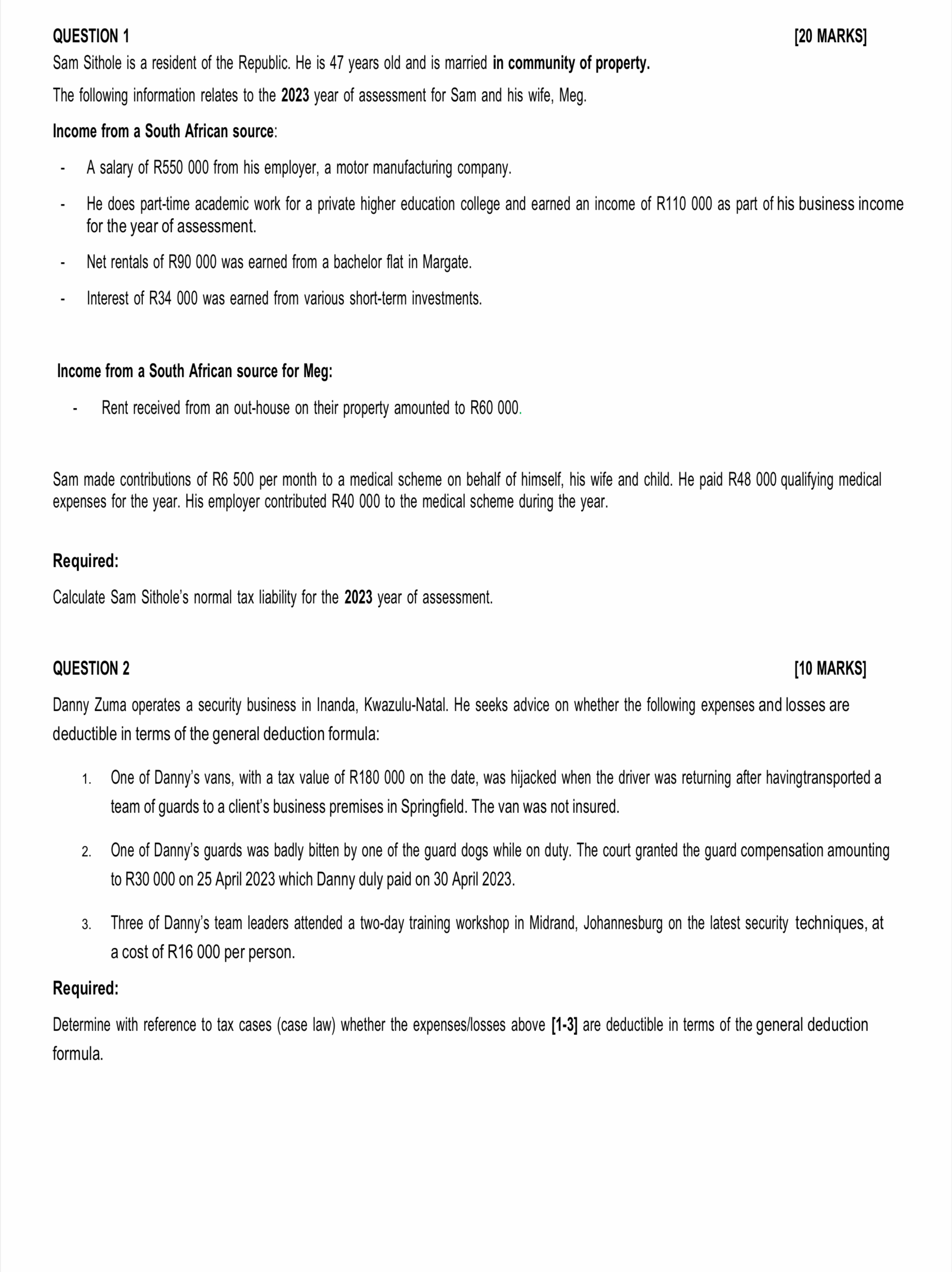  QUESTION 1 [20 MARKS] Sam Sithole is a resident of the