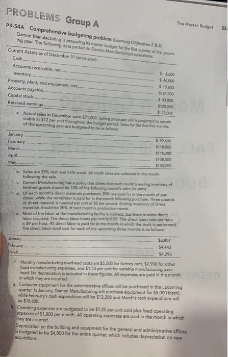  help The Master Budget PROBLEMS Group A P9-54A Comprehensive budgeting problem