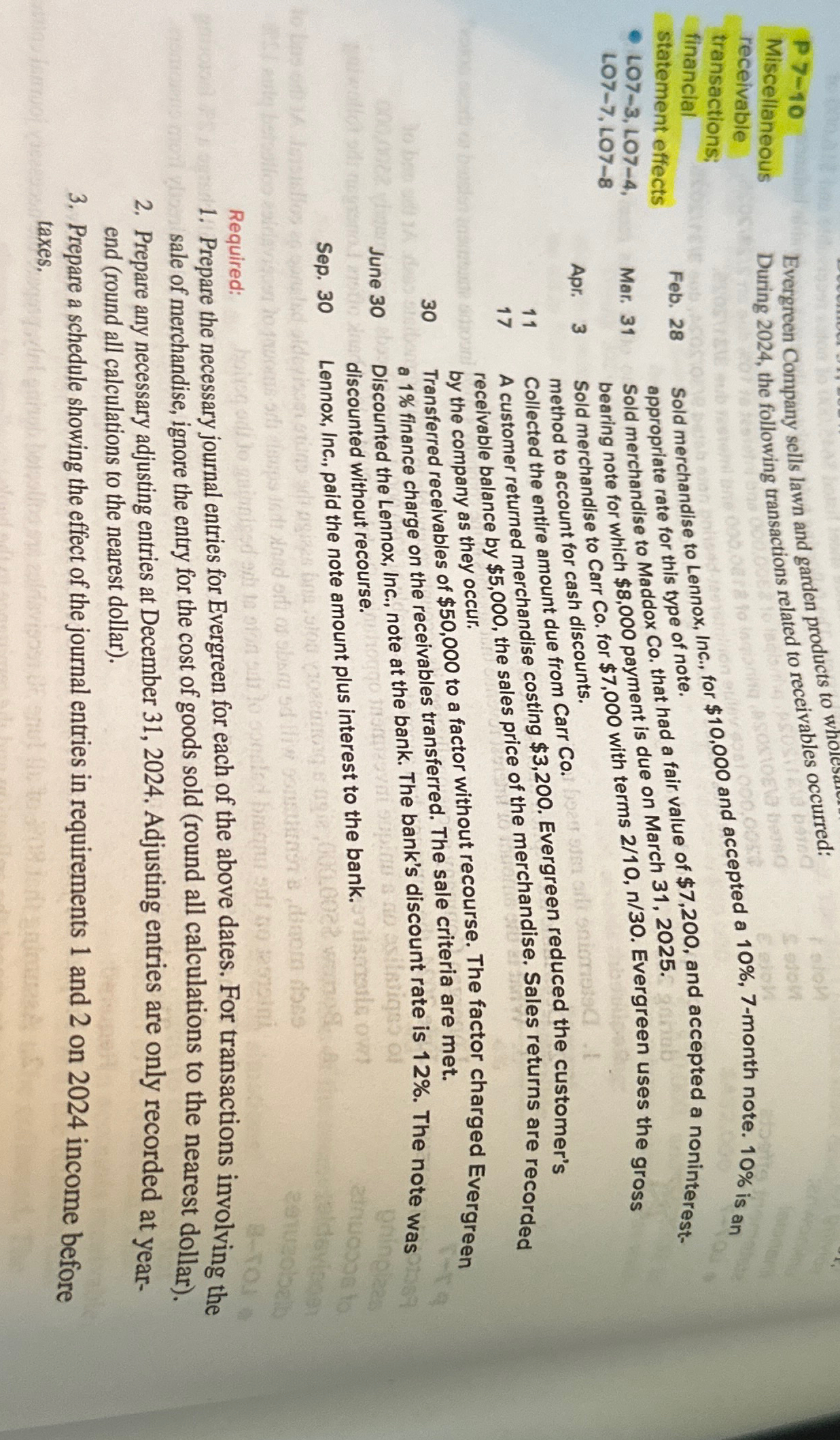  P >-10 Miscellaneous receivable transactions: financial statement effects 107-3,107-4,O7-7,107-8 Evergreen Company