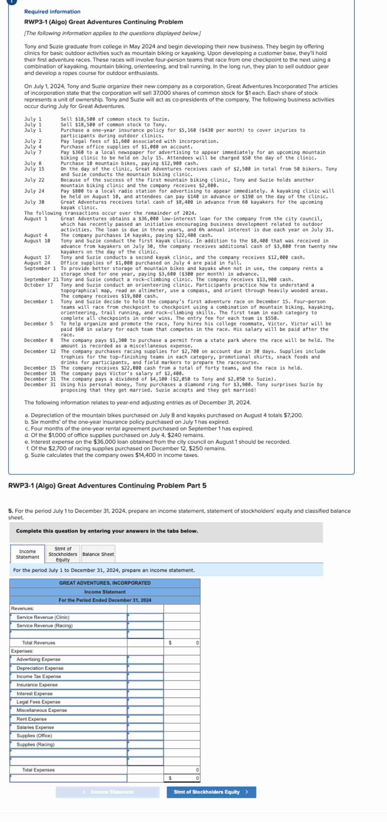Required information RWP3-1 (Algo) Great Adventures Continuing Problem (The following information applies