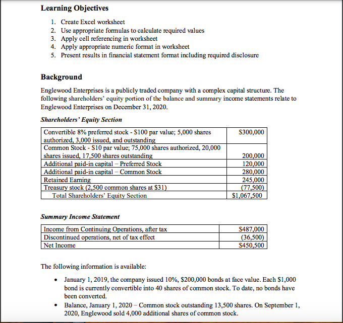 Textbook page 1137 Fill out: Learning Objectives 1. Create Excel worksheet