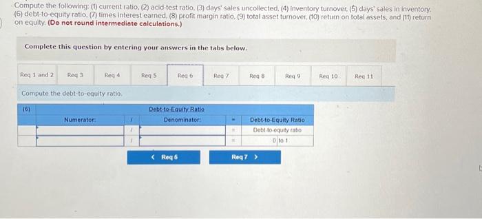 inventory turnover, (5) days' sales in inventory. (6) debt-to-equity ratio, (7) times