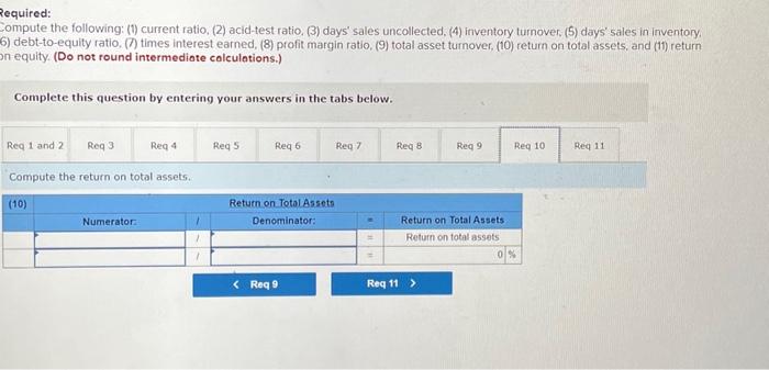 sales uncollected, (4) inventory turnover, (5) days' sales in inventory. (6) debt-to-equity