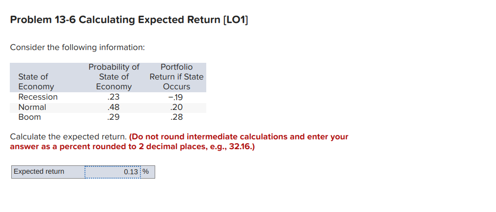 Problem 13-6 Calculating Expected Return [LO1] Consider the following information: Calculate