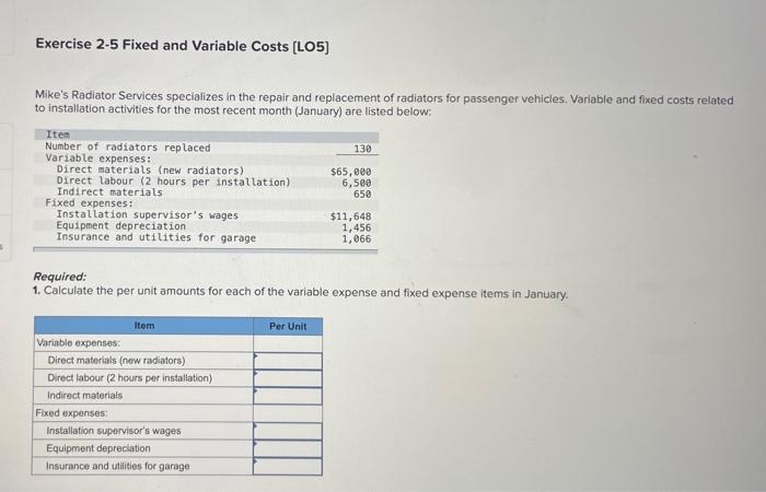  Exercise 2-5 Fixed and Variable Costs [LO5] Mike's Radiator Services specializes