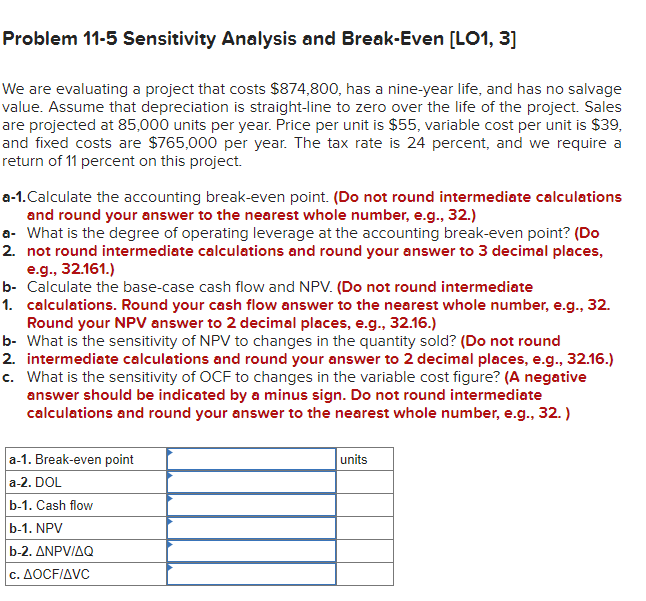  Problem 11-5 Sensitivity Analysis and Break-Even [LO1,3] We are evaluating a