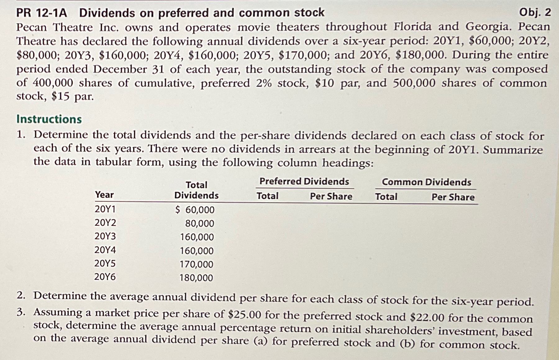  PR 12-1A Dividends on preferred and common stock Obj. 2 Pecan