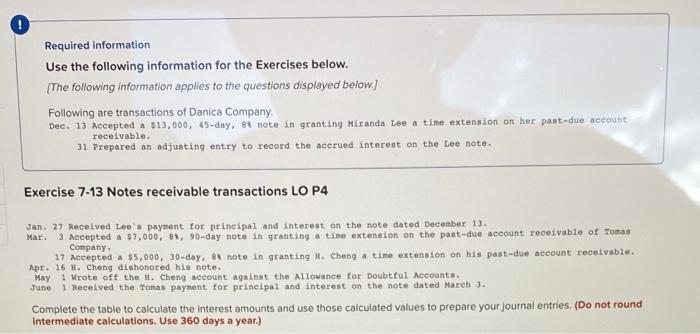 exercise 7-13 Notes receivable transactions LO P4 Required information Use the following