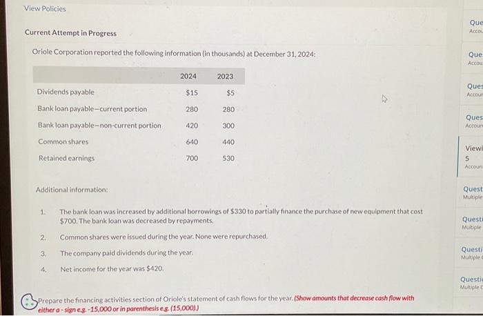  View Policies Current Attempt in Progress Oriole Corporation reported the following