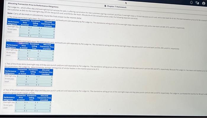 Chapter 7 Homework Allocating Transaction Price to Performance Obligations Pet Lodge Inc,