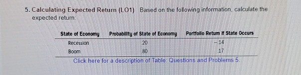 5. Calculating Expected Return (L01) Based on the following information, calculate
