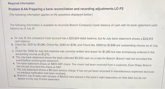 help Required information Problem 6-4A Preparing a bank reconciliation and recording adjustments