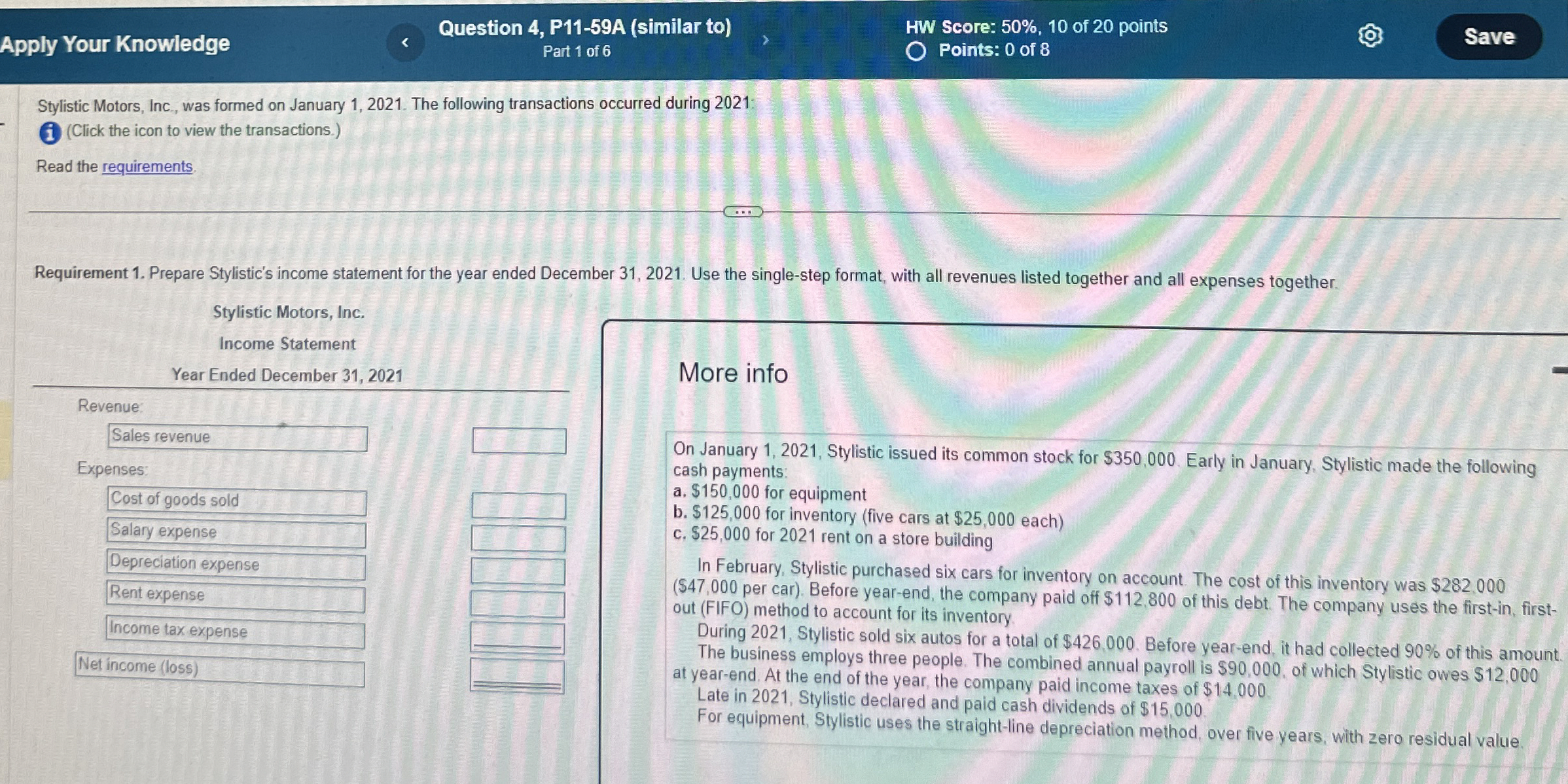  Apply Your Knowledge Question 4, P11-59A (similar to) HW Score: 50%,10
