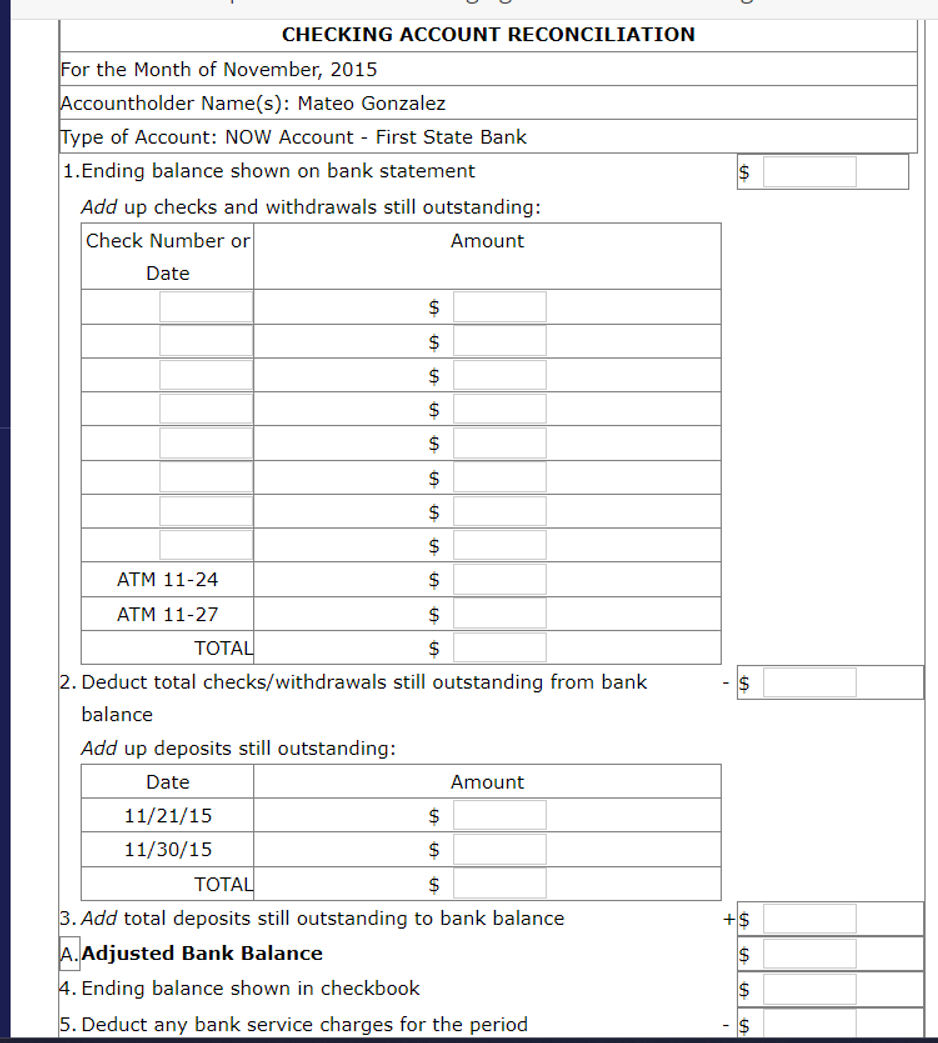  Chapter 4 Financial Planning Exercise 6 Checking account reconciliation Use Worksheet